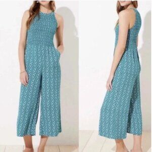 LOFT Floral Smocked Crisscross Back Wide Leg Jumpsuit Green Floral Print